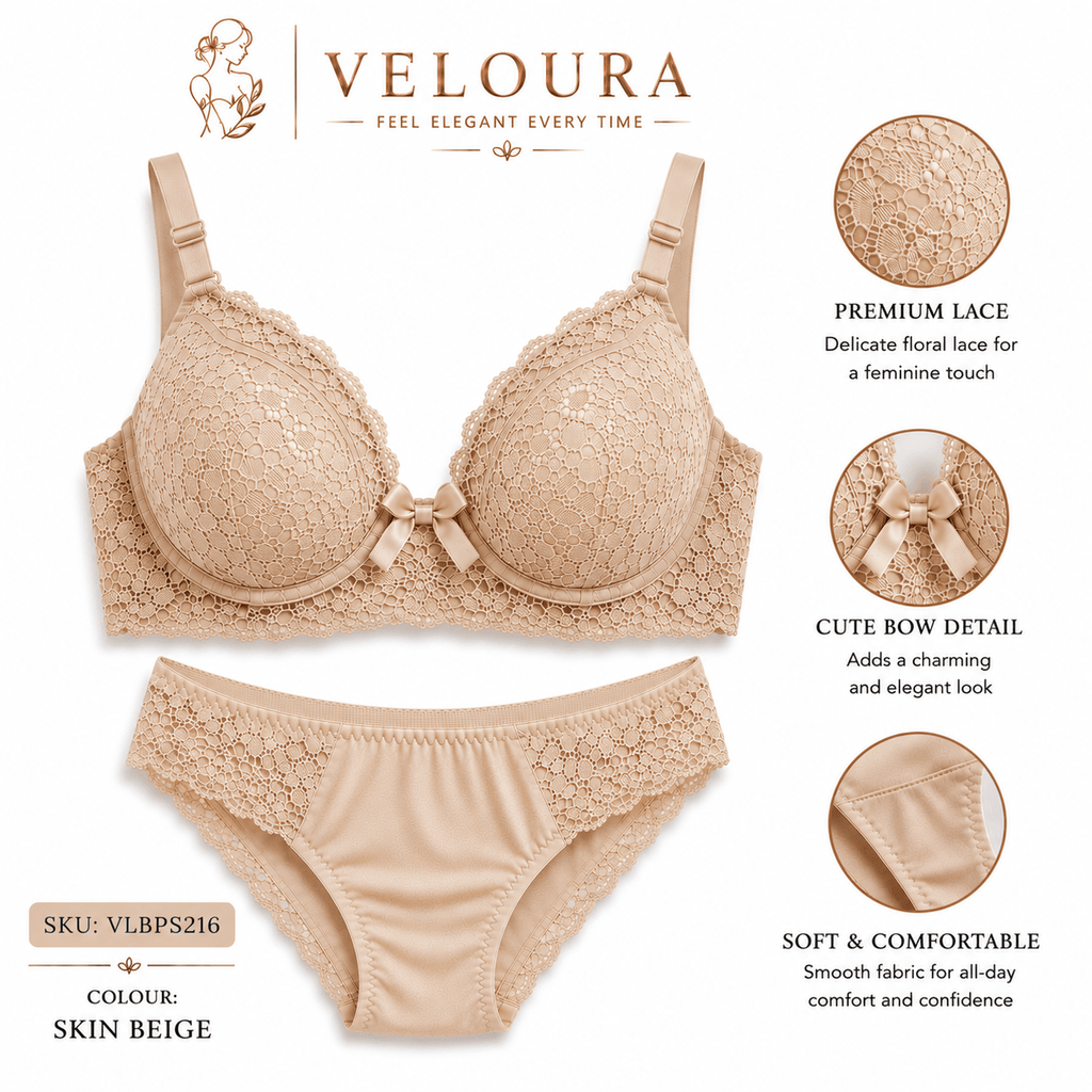 Veloura Premium Lace Bra & Panty Set – Skin Beige | Soft Padded Underwired Lingerie for Comfort, Elegance & Confidence - VELOURA