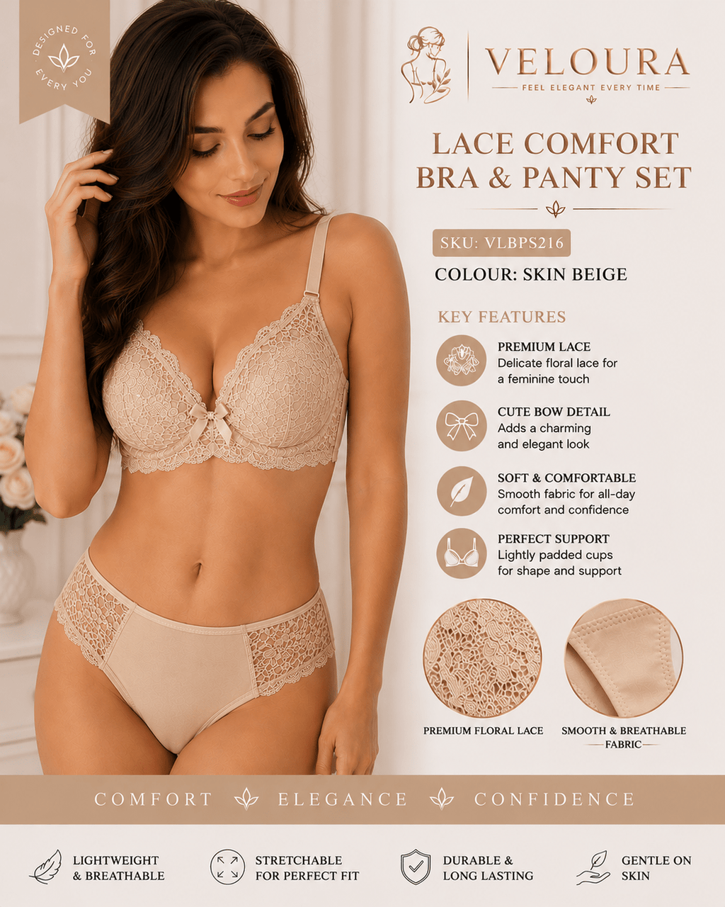Veloura Premium Lace Bra & Panty Set – Skin Beige | Soft Padded Underwired Lingerie for Comfort, Elegance & Confidence - VELOURA