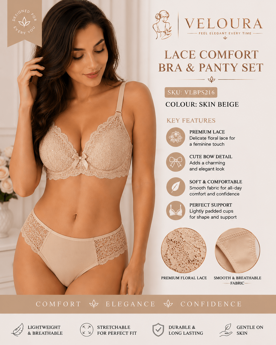 Veloura Premium Lace Bra & Panty Set – Skin Beige | Soft Padded Underwired Lingerie for Comfort, Elegance & Confidence - VELOURA