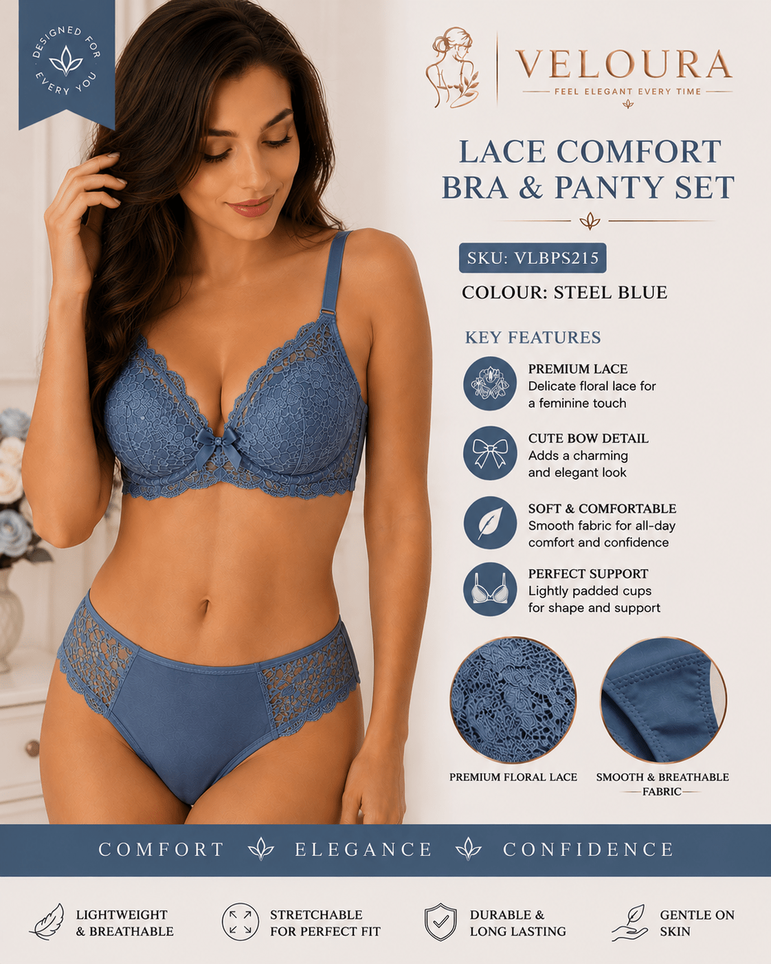 Veloura Premium Lace Bra & Panty Set – Steel Blue | Soft Padded Underwired Lingerie for Comfort, Elegance & Confidence - VELOURA