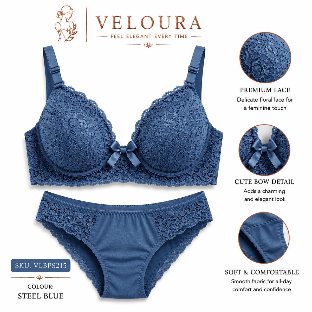 Veloura Premium Lace Bra & Panty Set – Steel Blue | Soft Padded Underwired Lingerie for Comfort, Elegance & Confidence - VELOURA