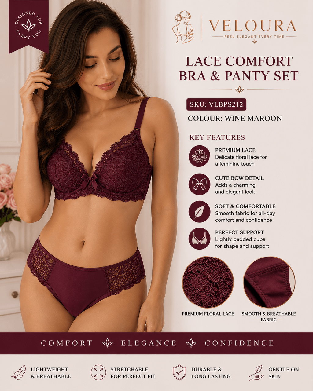 Veloura Premium Lace Bra & Panty Set – Wine Maroon | Soft Padded Underwired Lingerie for Comfort, Elegance & Confidence - VELOURA