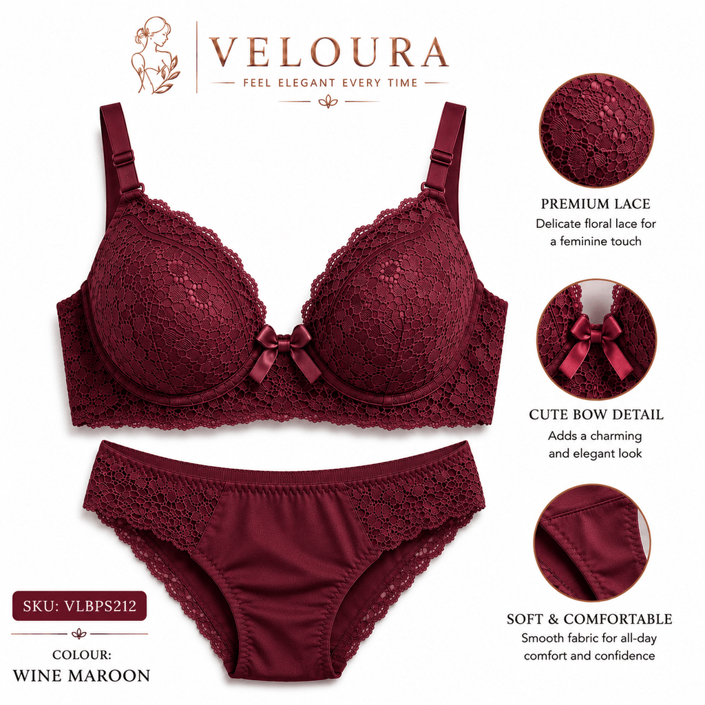 Veloura Premium Lace Bra & Panty Set – Wine Maroon | Soft Padded Underwired Lingerie for Comfort, Elegance & Confidence - VELOURA