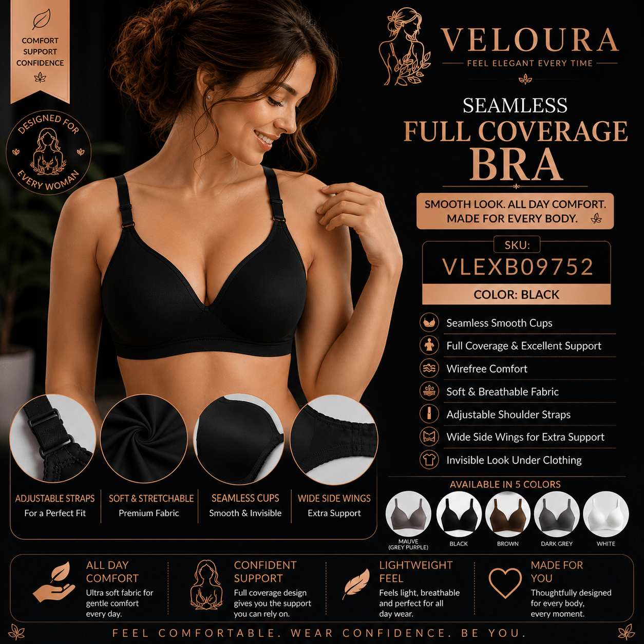Veloura Seamless Full Coverage Wire-Free Bra – Black | Soft Breathable Everyday Support - VELOURA