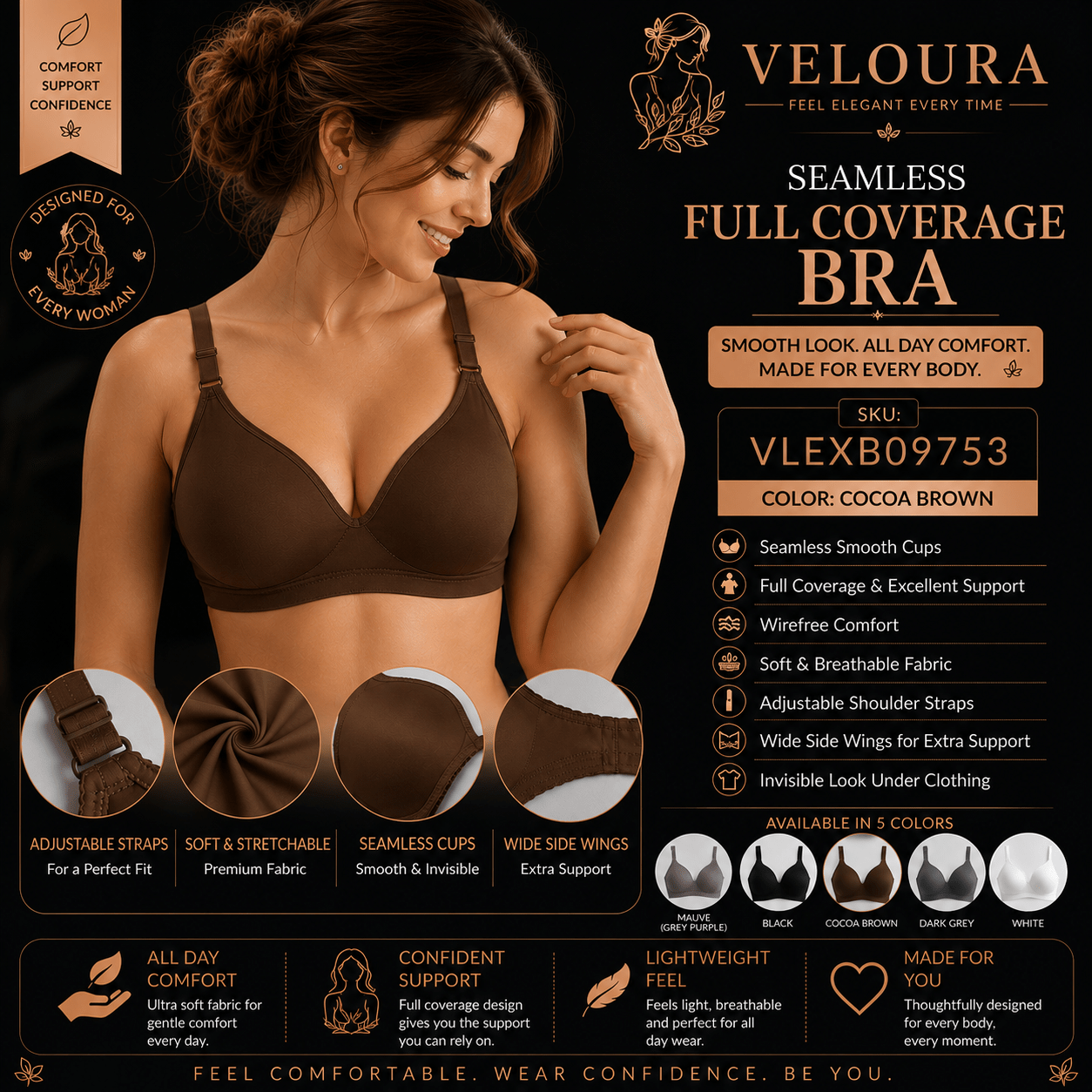 Veloura Seamless Full Coverage Wire-Free Bra – Cocoa Brown | Soft Breathable Everyday Comfort - VELOURA