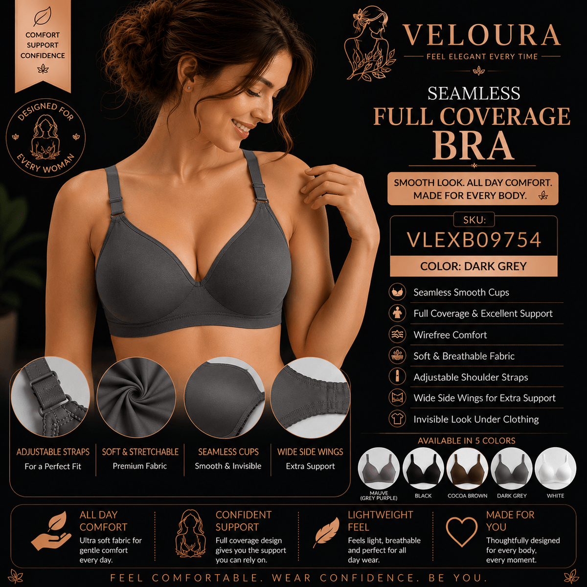 Veloura Seamless Full Coverage Wire-Free Bra – Dark Grey | Soft Breathable Everyday Comfort - VELOURA