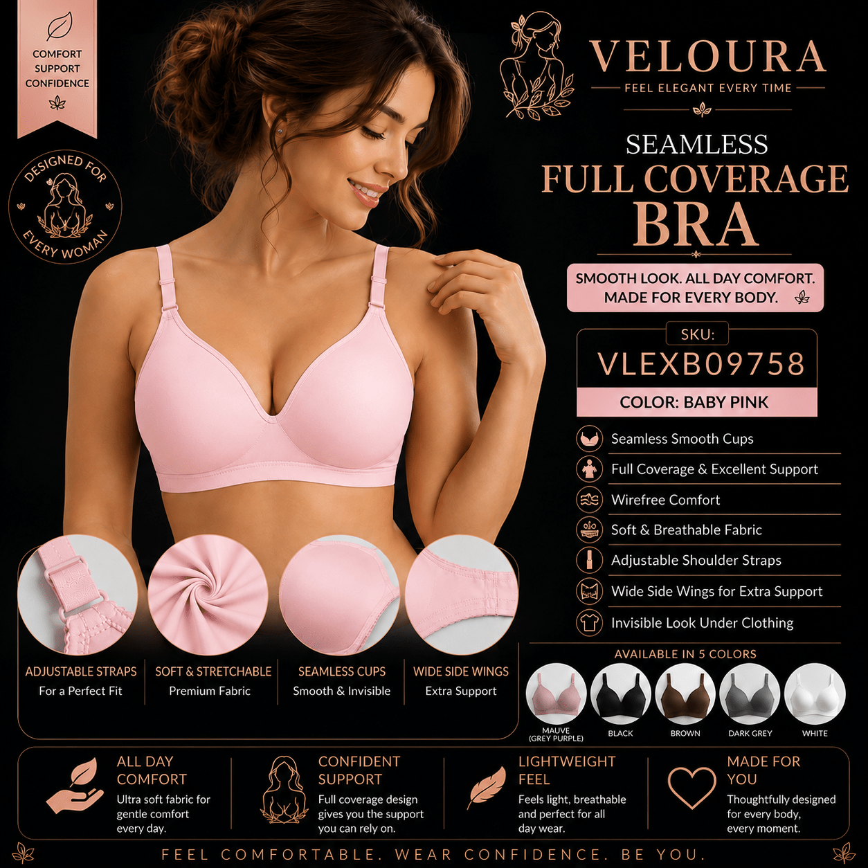 VELOURA Seamless Full Coverage Wire-Free Bra – Soft Padded Everyday Comfort Bra | Baby Pink | - VELOURA