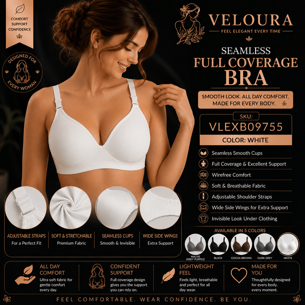 Veloura Seamless Full Coverage Wire-Free Bra – White | Soft Breathable Everyday Comfort - VELOURA