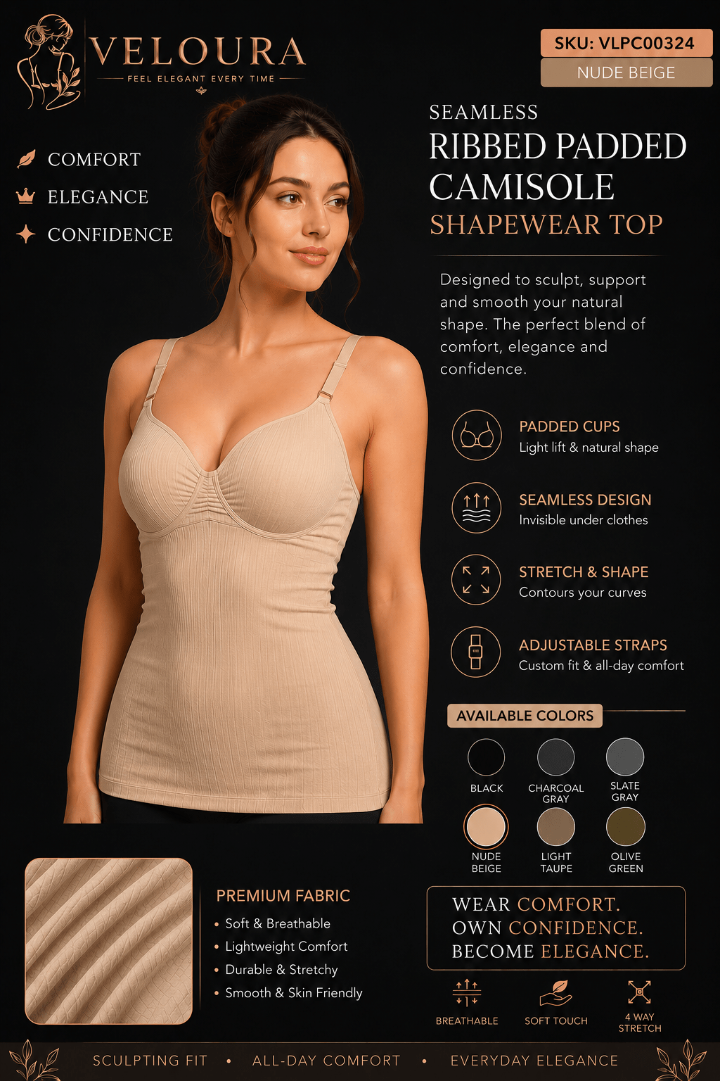 VELOURA Seamless Ribbed Padded Camisole Shapewear Top | Adjustable Straps | Built-in Bra | Body Shaping Tank - VELOURA