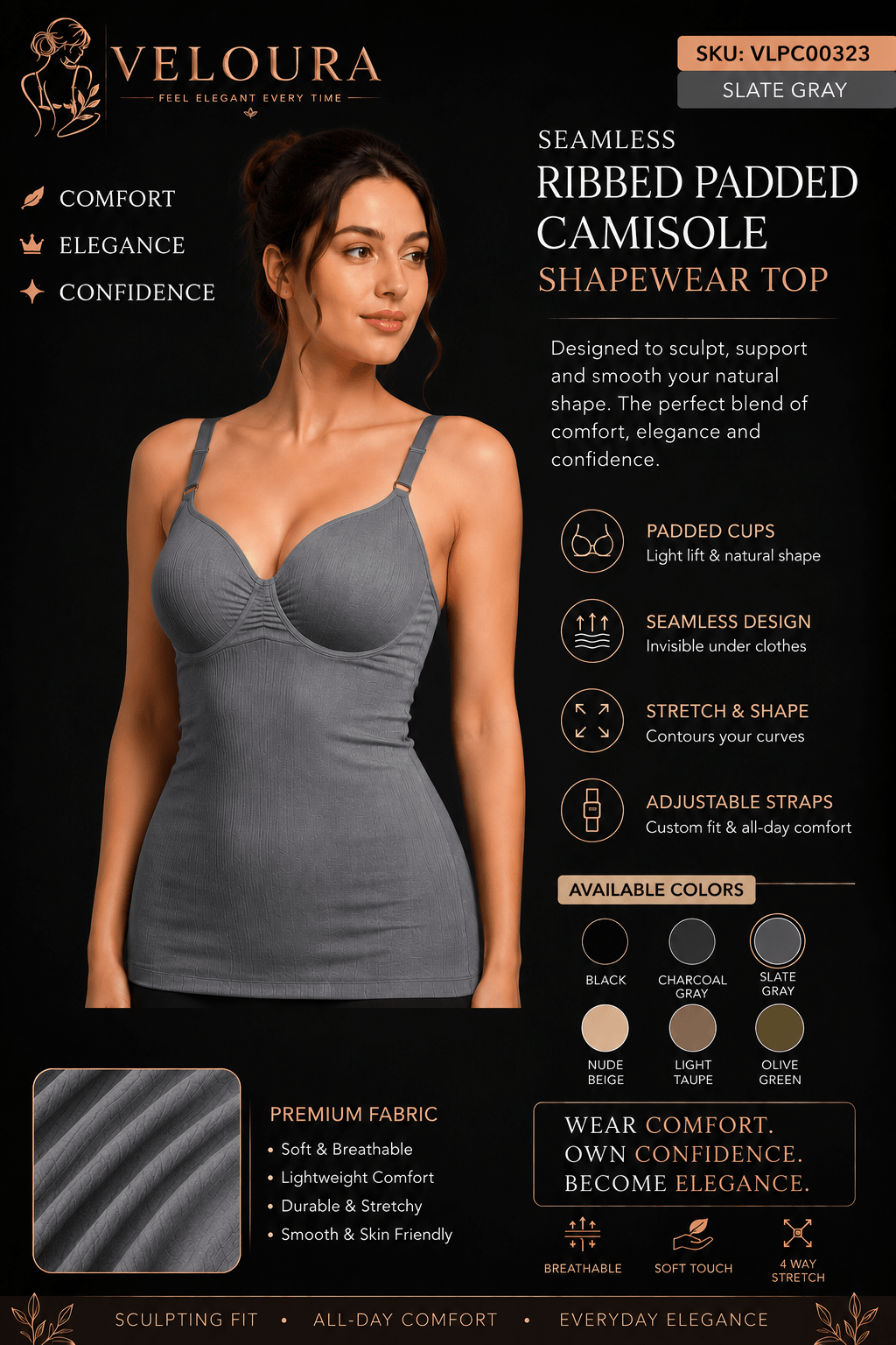 VELOURA Seamless Ribbed Padded Camisole Shapewear Top | Adjustable Straps | Built-in Bra | Body Shaping Tank - VELOURA