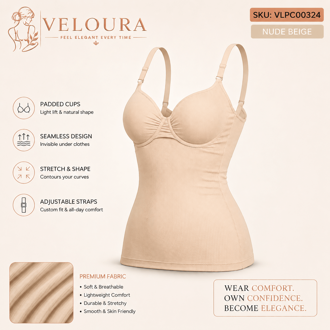 VELOURA Seamless Ribbed Padded Camisole Shapewear Top | Adjustable Straps | Built-in Bra | Body Shaping Tank - VELOURA