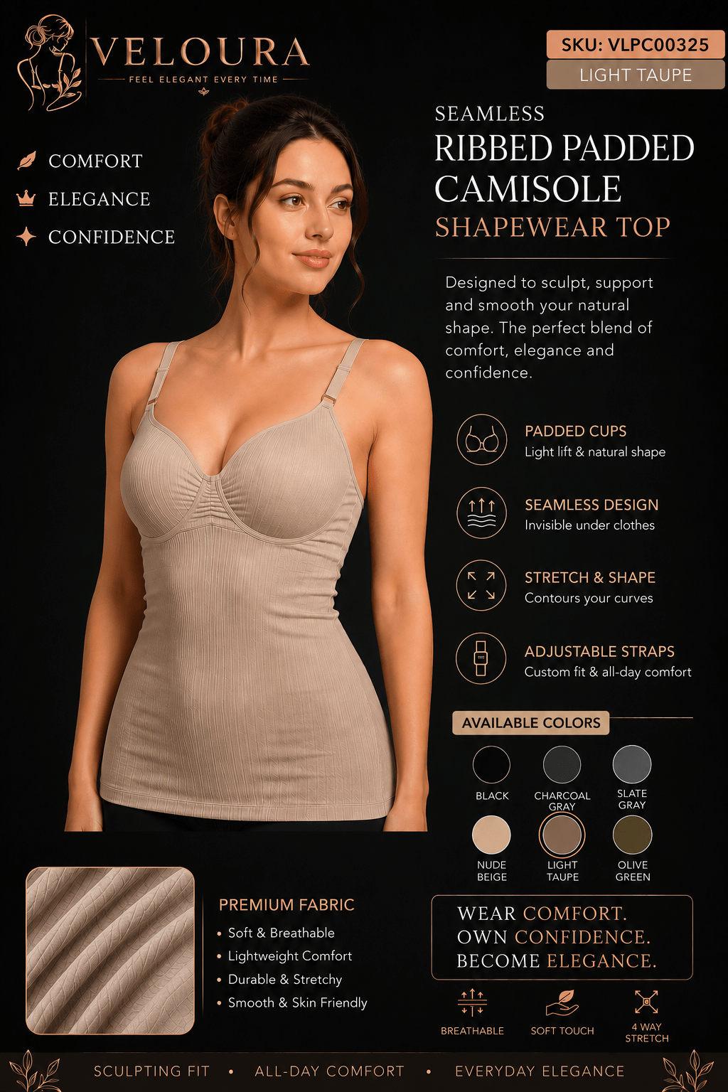 VELOURA Seamless Ribbed Padded Camisole Shapewear Top | Adjustable Straps | Built-in Bra | Body Shaping Tank - VELOURA