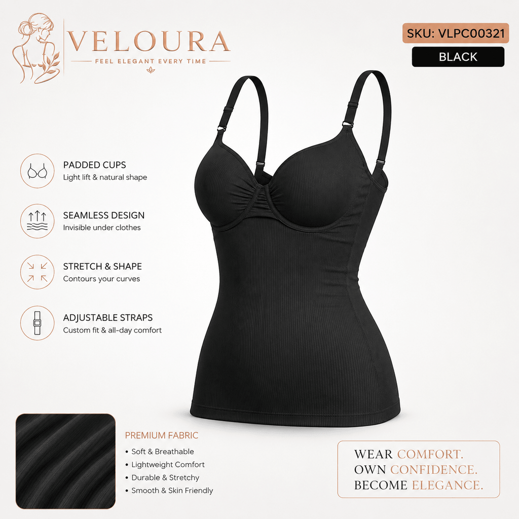VELOURA Seamless Ribbed Padded Camisole Shapewear Top | Adjustable Straps | Built-in Bra | Body Shaping Tank - VELOURA