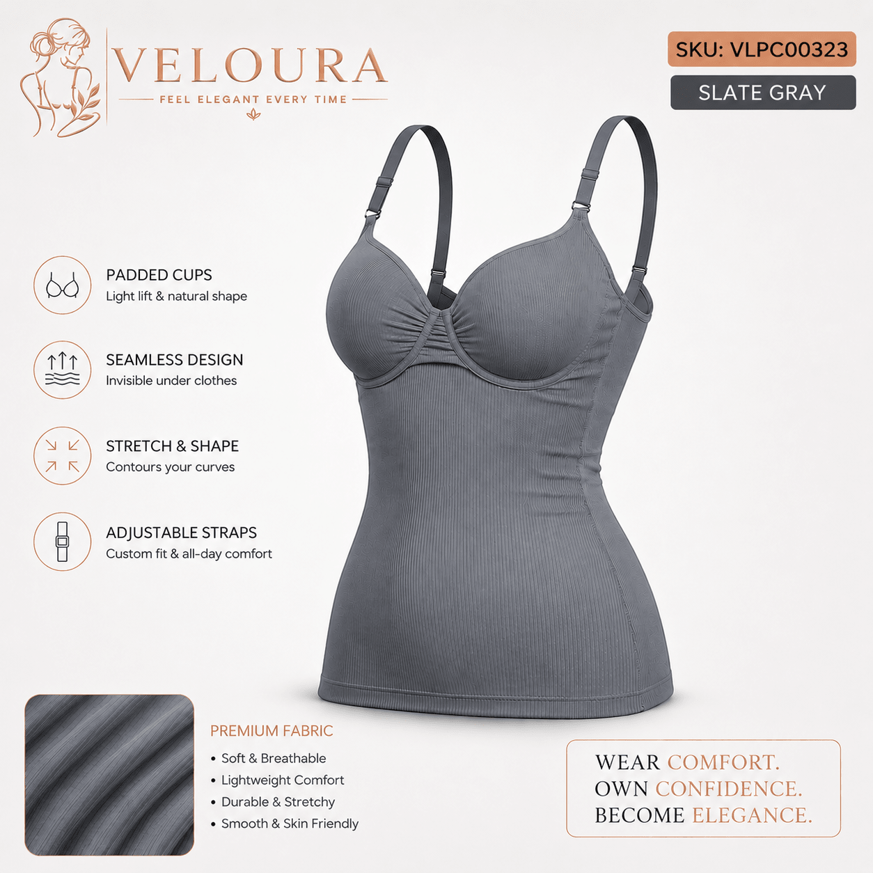 VELOURA Seamless Ribbed Padded Camisole Shapewear Top | Adjustable Straps | Built-in Bra | Body Shaping Tank - VELOURA