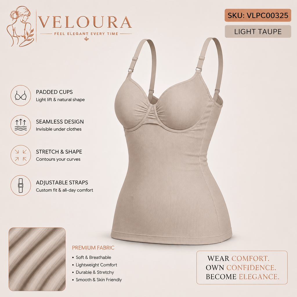 VELOURA Seamless Ribbed Padded Camisole Shapewear Top | Adjustable Straps | Built-in Bra | Body Shaping Tank - VELOURA