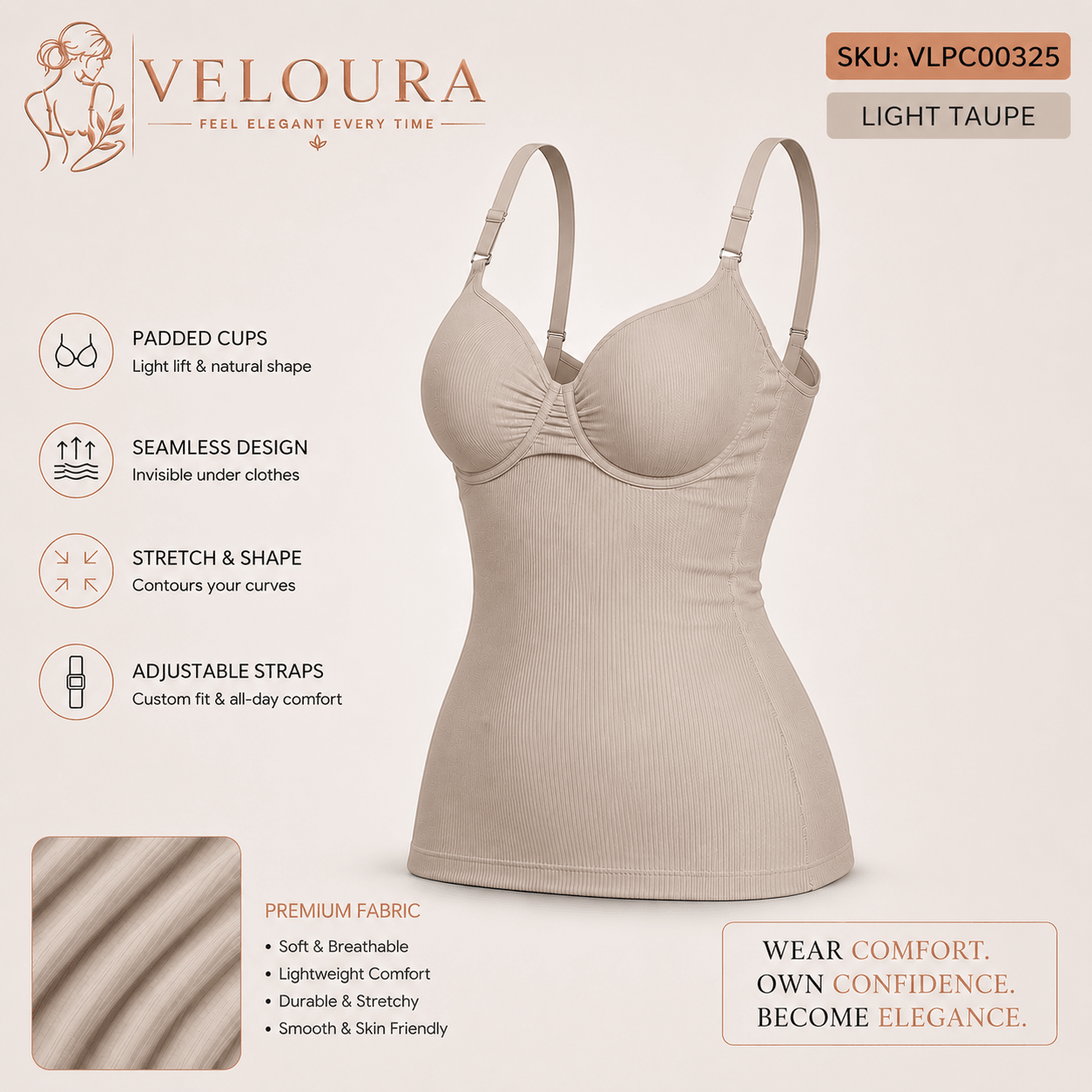 VELOURA Seamless Ribbed Padded Camisole Shapewear Top | Adjustable Straps | Built-in Bra | Body Shaping Tank - VELOURA