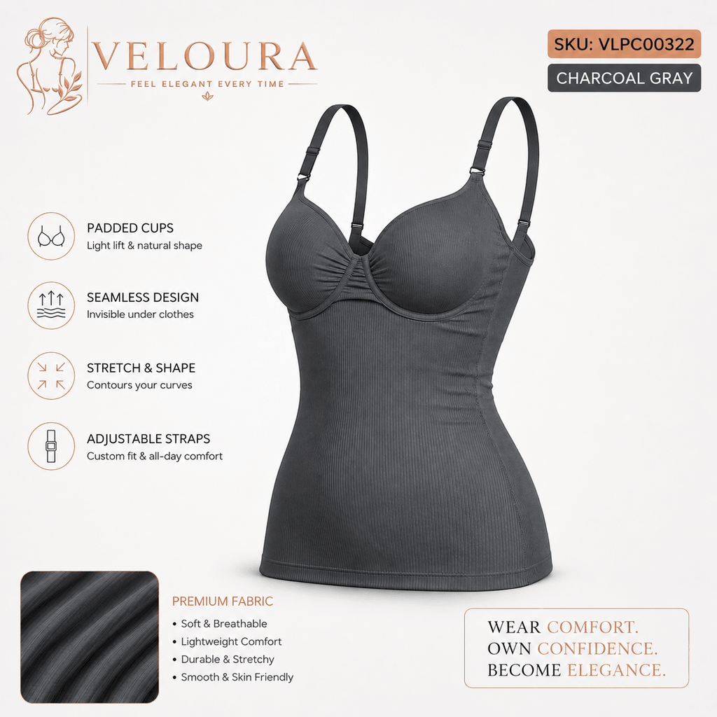 VELOURA Seamless Ribbed Padded Camisole Shapewear Top | Adjustable Straps | Built-in Bra | Body Shaping Tank - VELOURA