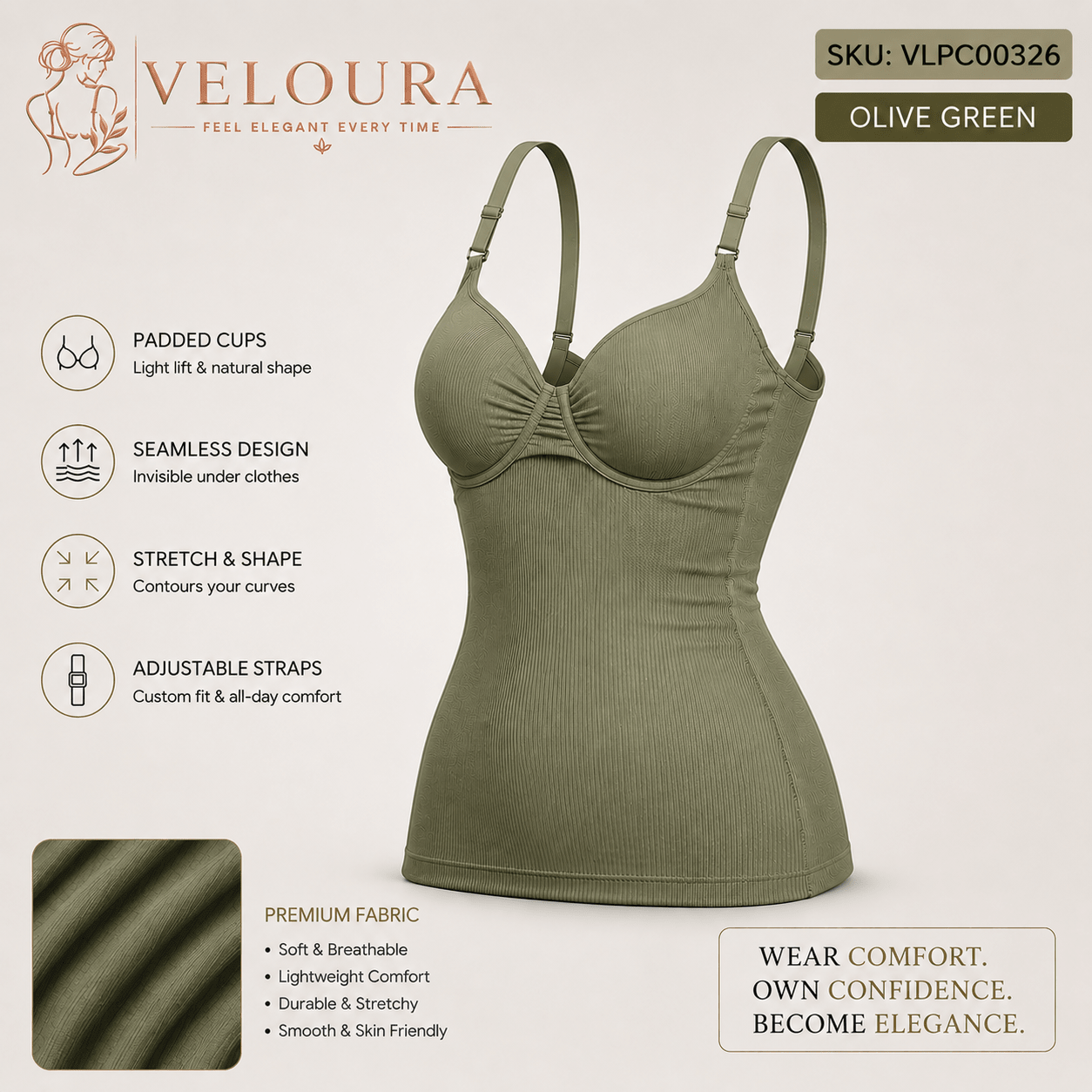VELOURA Seamless Ribbed Padded Camisole Shapewear Top | Adjustable Straps | Built-in Bra | Body Shaping Tank - VELOURA