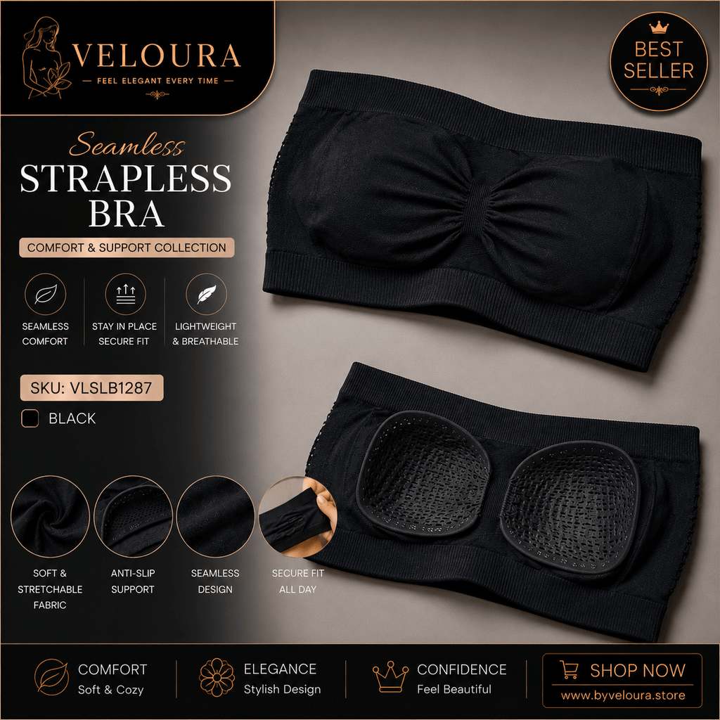 Veloura Seamless Strapless Bra | Wireless Bandeau Tube Bra | Removable Padded Anti-Slip Support | Black - VELOURA