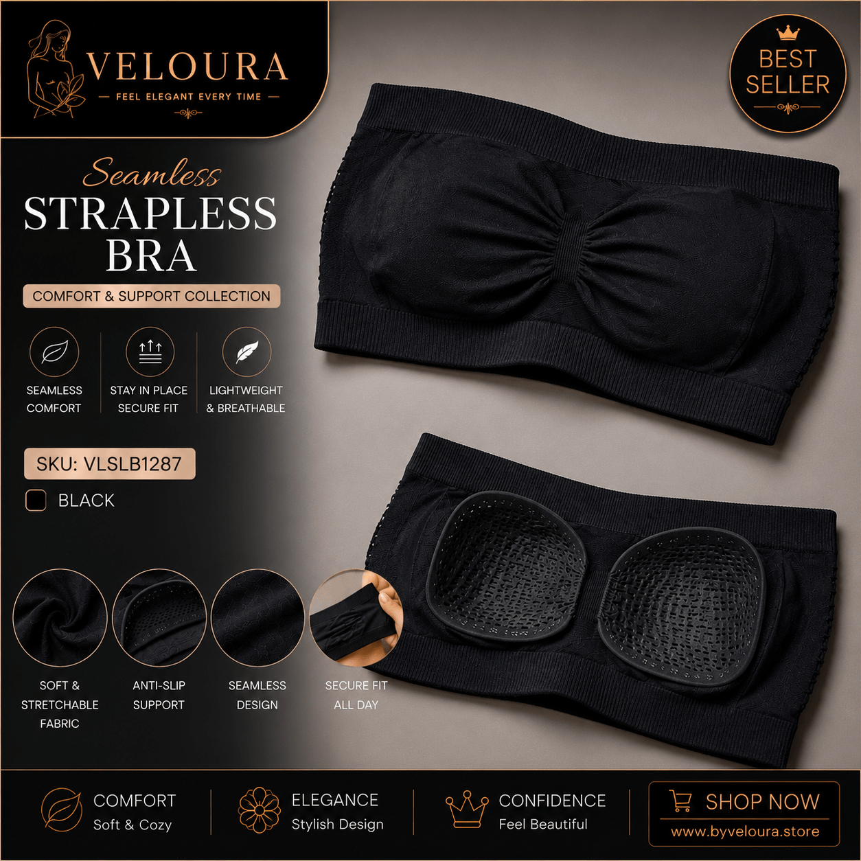 Veloura Seamless Strapless Bra | Wireless Bandeau Tube Bra | Removable Padded Anti-Slip Support | Black - VELOURA