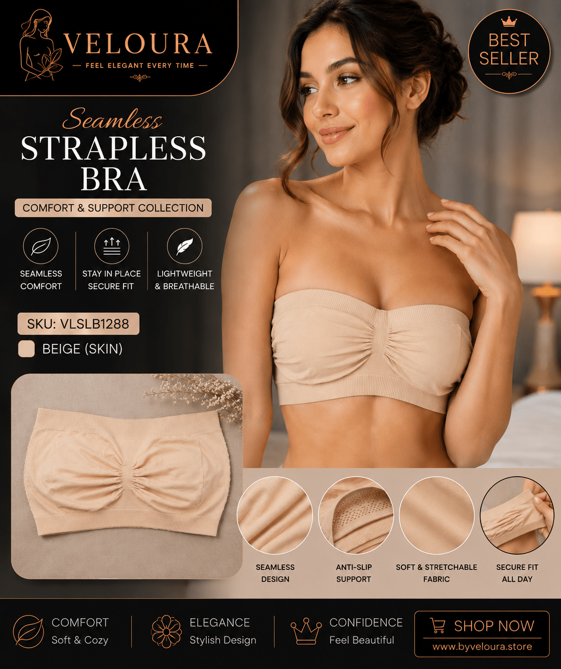 Veloura Seamless Strapless Bra | Wireless Tube Bra | Removable Padded Bandeau | Anti-Slip Support | Beige (Skin) - VELOURA