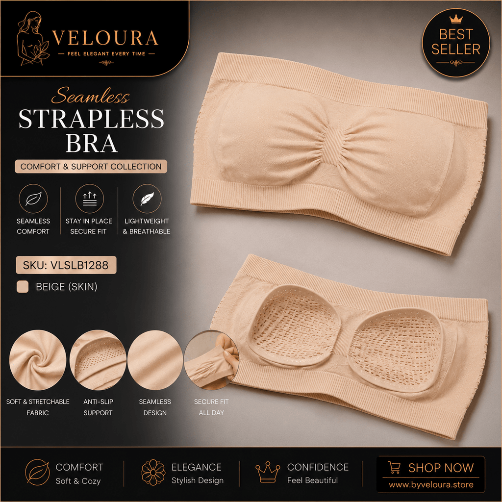 Veloura Seamless Strapless Bra | Wireless Tube Bra | Removable Padded Bandeau | Anti-Slip Support | Beige (Skin) - VELOURA