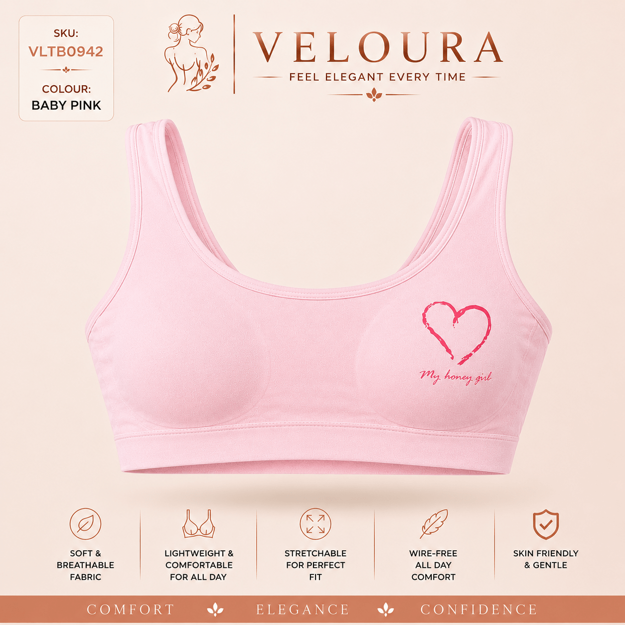 Veloura Teen Comfort Bra – Baby Pink | Soft Stretch Everyday Bra with Removable Pads for Teen Girls SKU - VELOURA