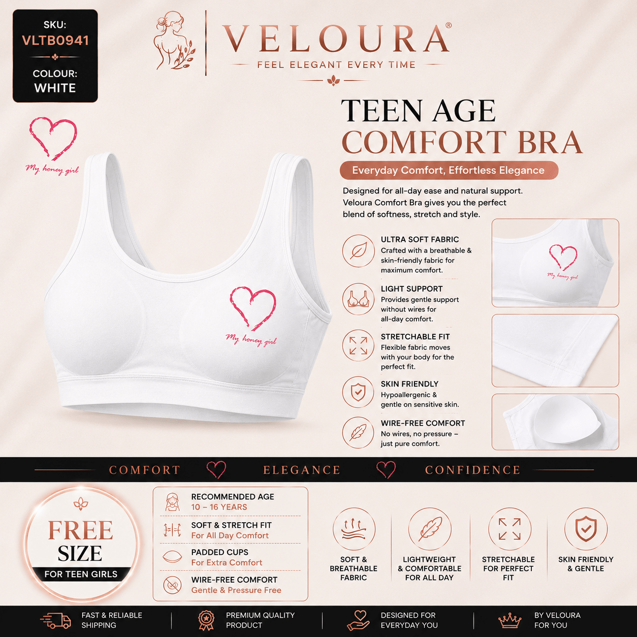 Veloura Teen Comfort Bra – White | Soft Stretch Everyday Bra with Removable Pads for Teen Girls - VELOURA