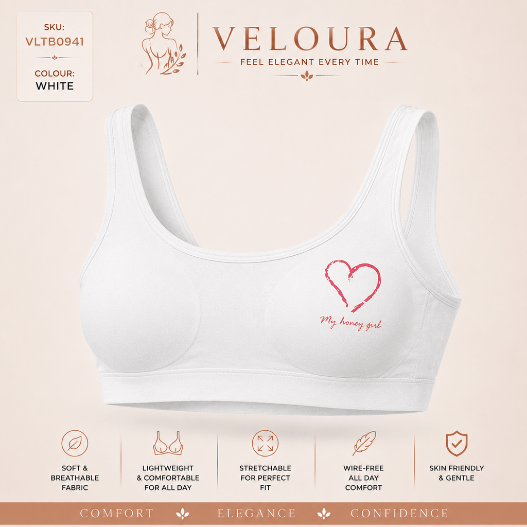 Veloura Teen Comfort Bra – White | Soft Stretch Everyday Bra with Removable Pads for Teen Girls - VELOURA