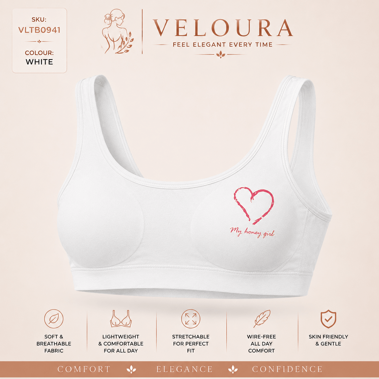 Veloura Teen Comfort Bra – White | Soft Stretch Everyday Bra with Removable Pads for Teen Girls - VELOURA
