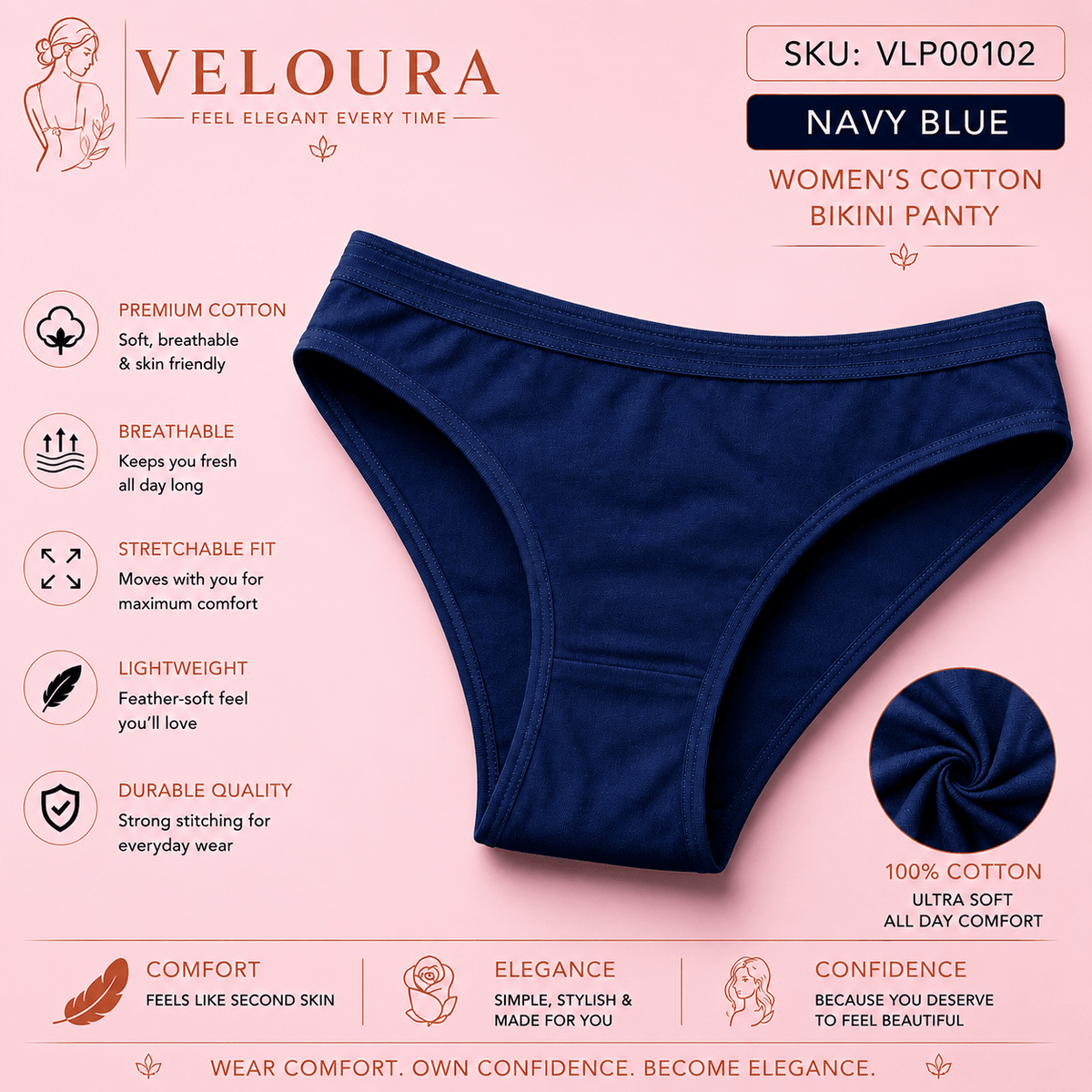 VELOURA Women's Cotton Bikini Panty | Soft Breathable Underwear | Stretch Fit | Lightweight Full Coverage Everyday Brief - VELOURA