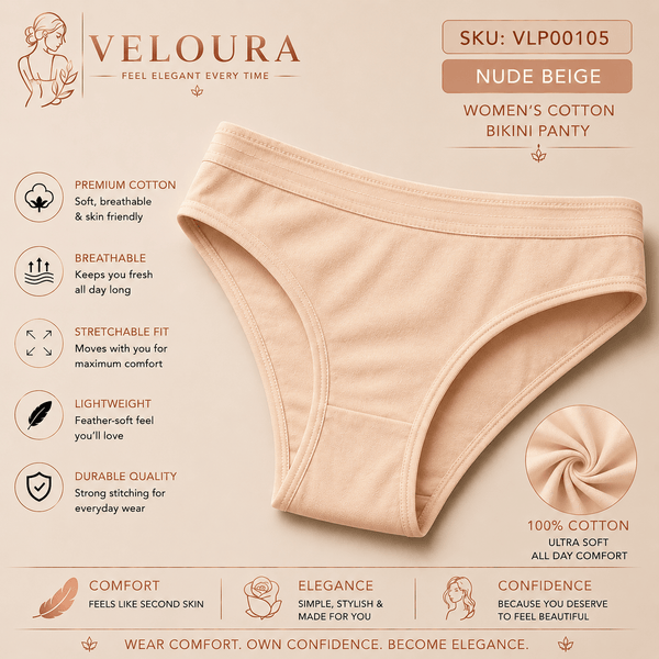 VELOURA Women's Cotton Bikini Panty | Soft Breathable Underwear | Stretch Fit | Lightweight Full Coverage Everyday Brief - VELOURA