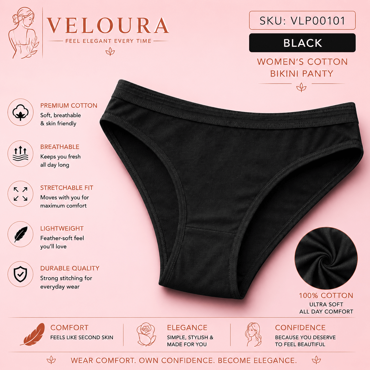VELOURA Women's Cotton Bikini Panty | Soft Breathable Underwear | Stretch Fit | Lightweight Full Coverage Everyday Brief - VELOURA