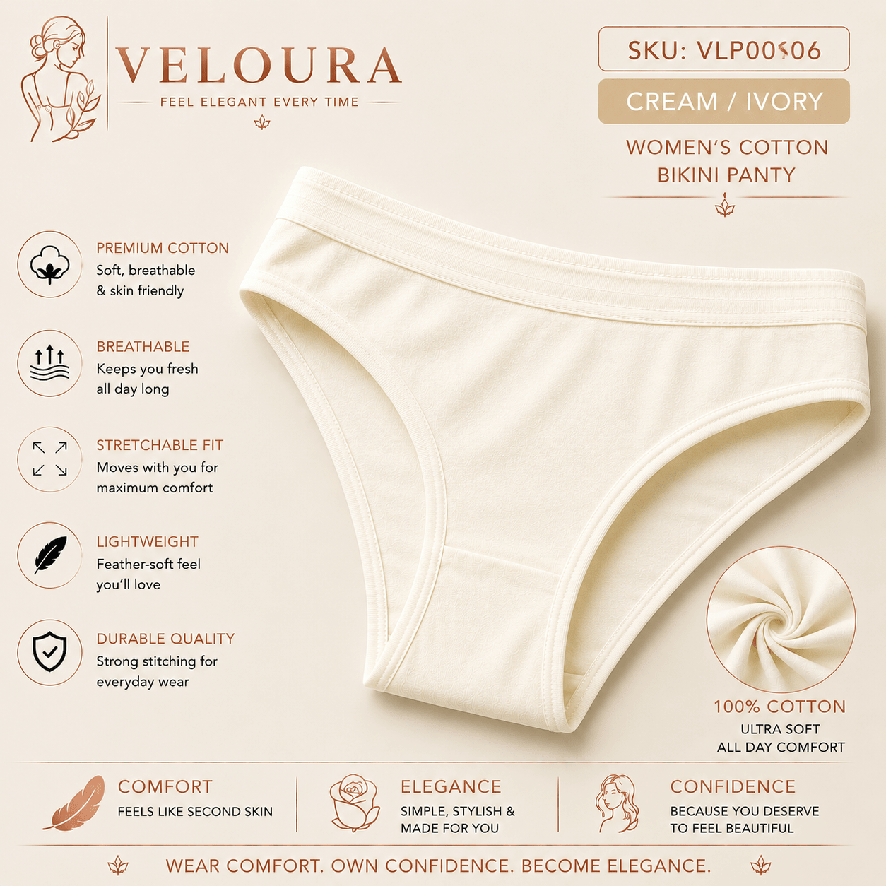 VELOURA Women's Cotton Bikini Panty | Soft Breathable Underwear | Stretch Fit | Lightweight Full Coverage Everyday Brief - VELOURA