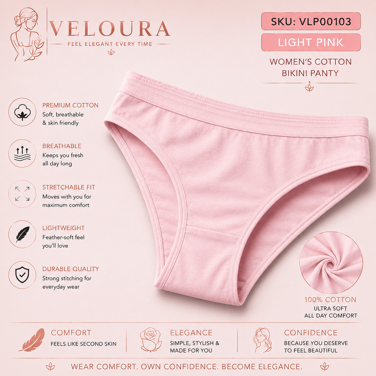 VELOURA Women's Cotton Bikini Panty | Soft Breathable Underwear | Stretch Fit | Lightweight Full Coverage Everyday Brief - VELOURA