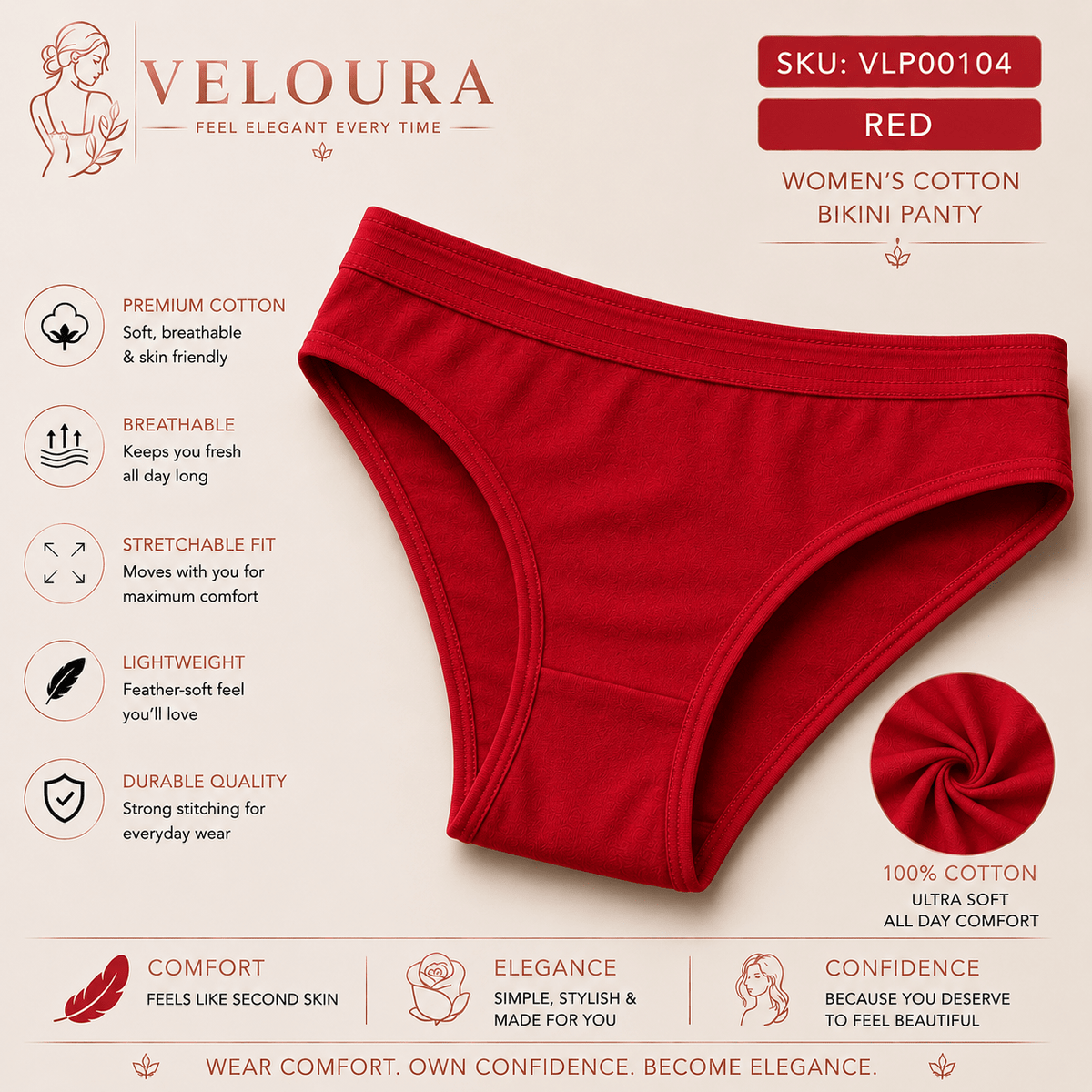 VELOURA Women's Cotton Bikini Panty | Soft Breathable Underwear | Stretch Fit | Lightweight Full Coverage Everyday Brief - VELOURA