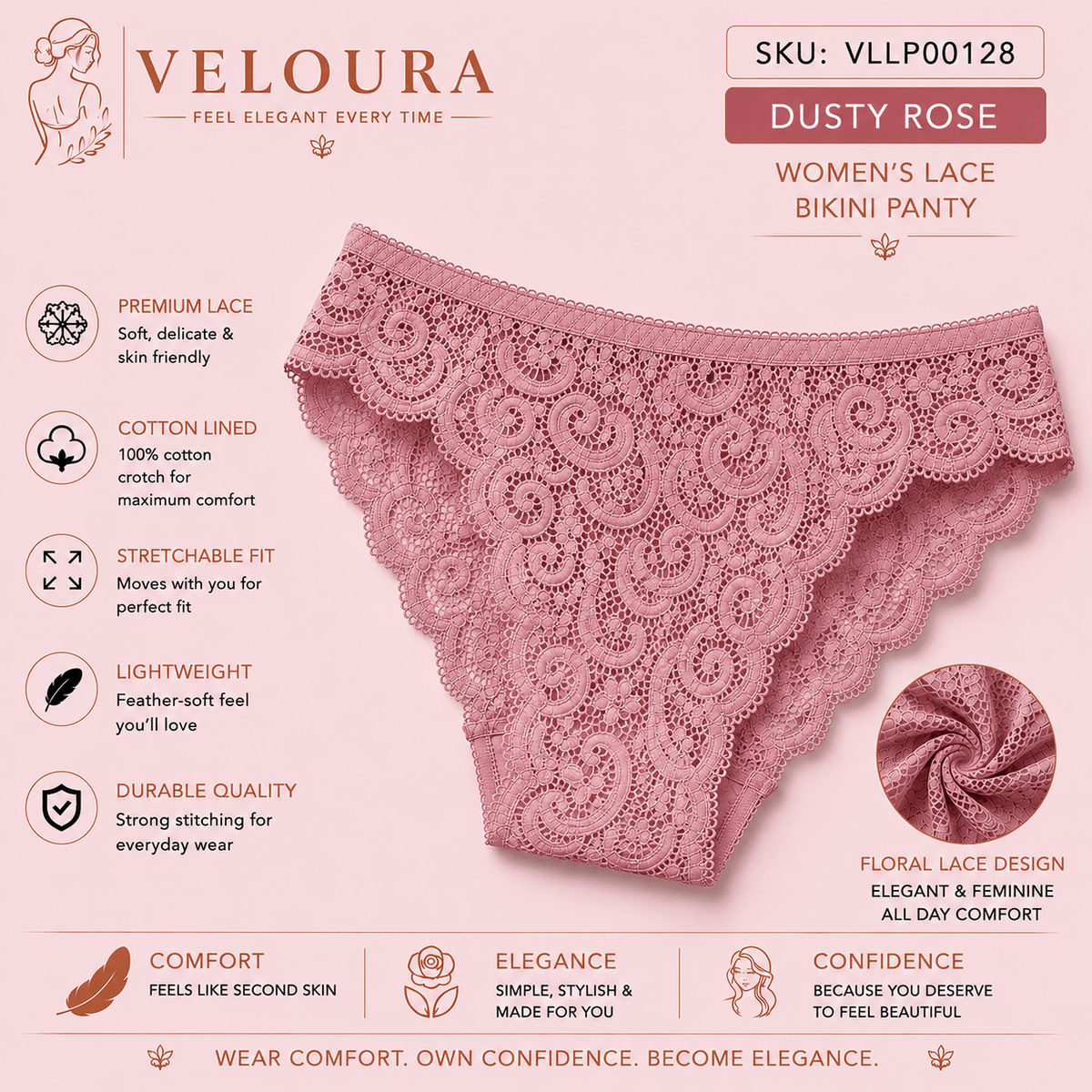 VELOURA Women's Floral Lace Bikini Panty | Soft Stretch Brief | Cotton Lined | Lightweight & Breathable Underwear - VELOURA