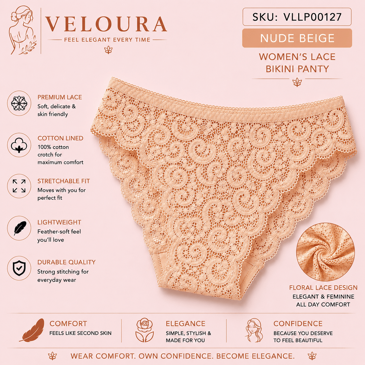 VELOURA Women's Floral Lace Bikini Panty | Soft Stretch Brief | Cotton Lined | Lightweight & Breathable Underwear - VELOURA