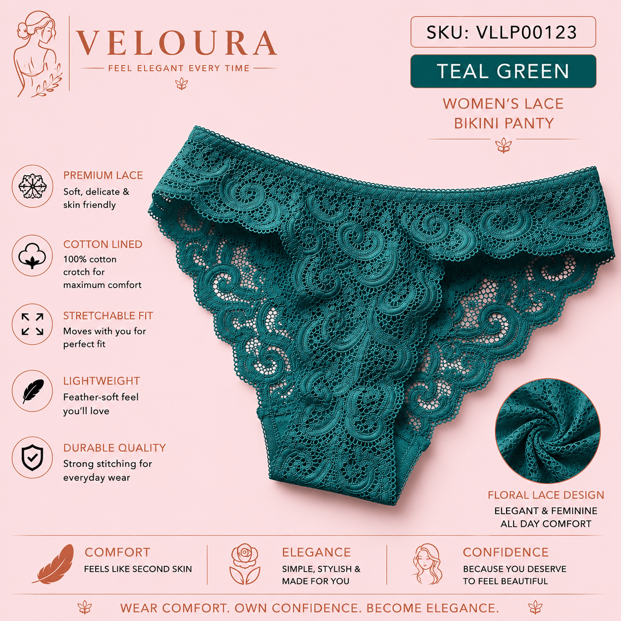 VELOURA Women's Floral Lace Bikini Panty | Soft Stretch Brief | Cotton Lined | Lightweight & Breathable Underwear - VELOURA
