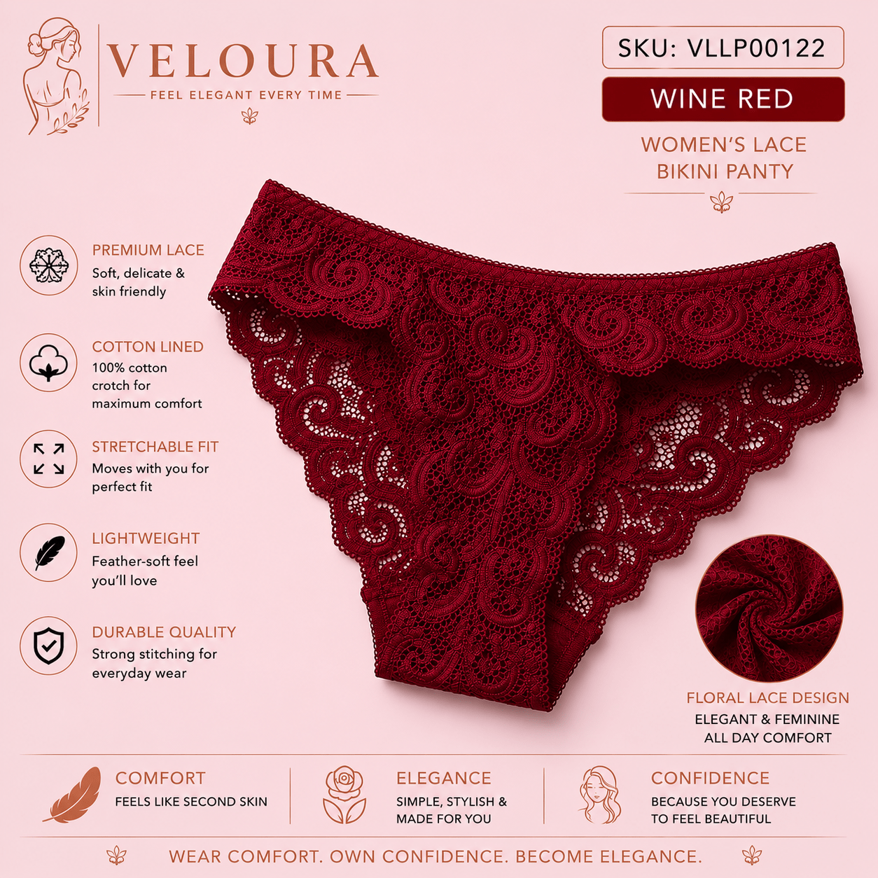 VELOURA Women's Floral Lace Bikini Panty | Soft Stretch Brief | Cotton Lined | Lightweight & Breathable Underwear - VELOURA