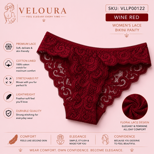 VELOURA Women's Floral Lace Bikini Panty | Soft Stretch Brief | Cotton Lined | Lightweight & Breathable Underwear - VELOURA