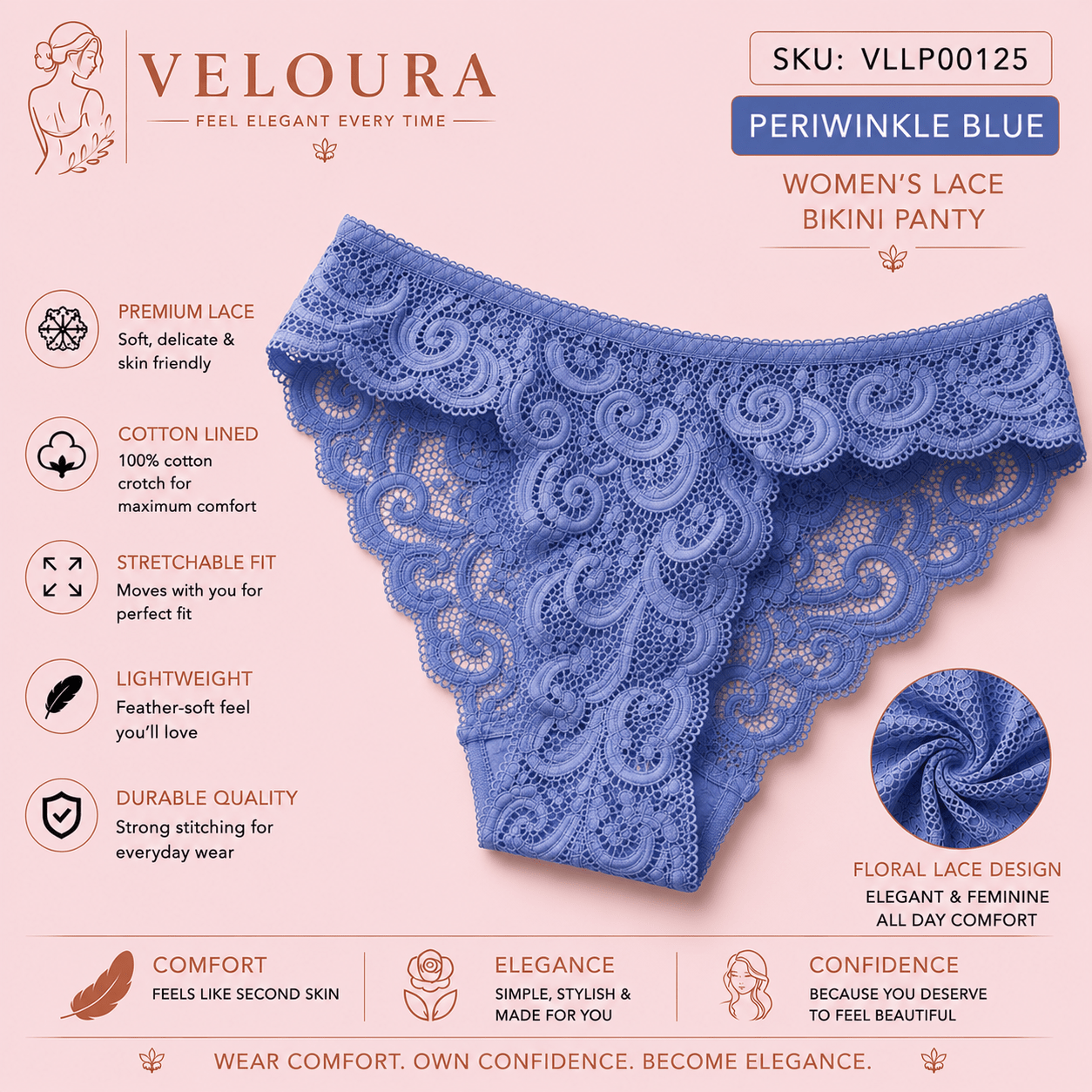VELOURA Women's Floral Lace Bikini Panty | Soft Stretch Brief | Cotton Lined | Lightweight & Breathable Underwear - VELOURA