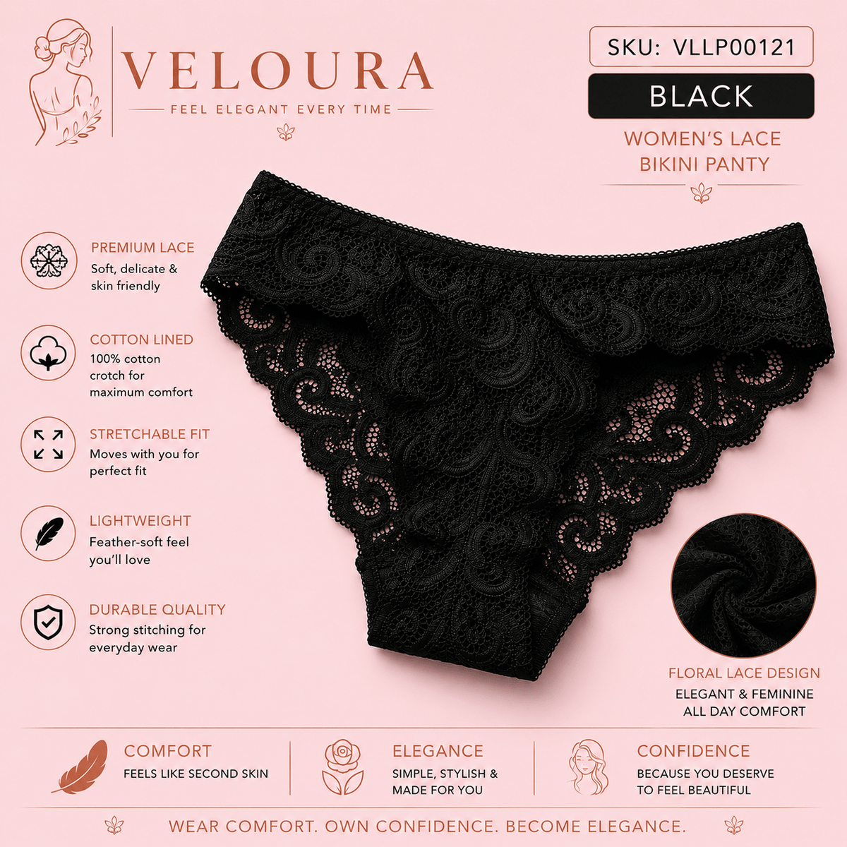 VELOURA Women's Floral Lace Bikini Panty | Soft Stretch Brief | Cotton Lined | Lightweight & Breathable Underwear - VELOURA