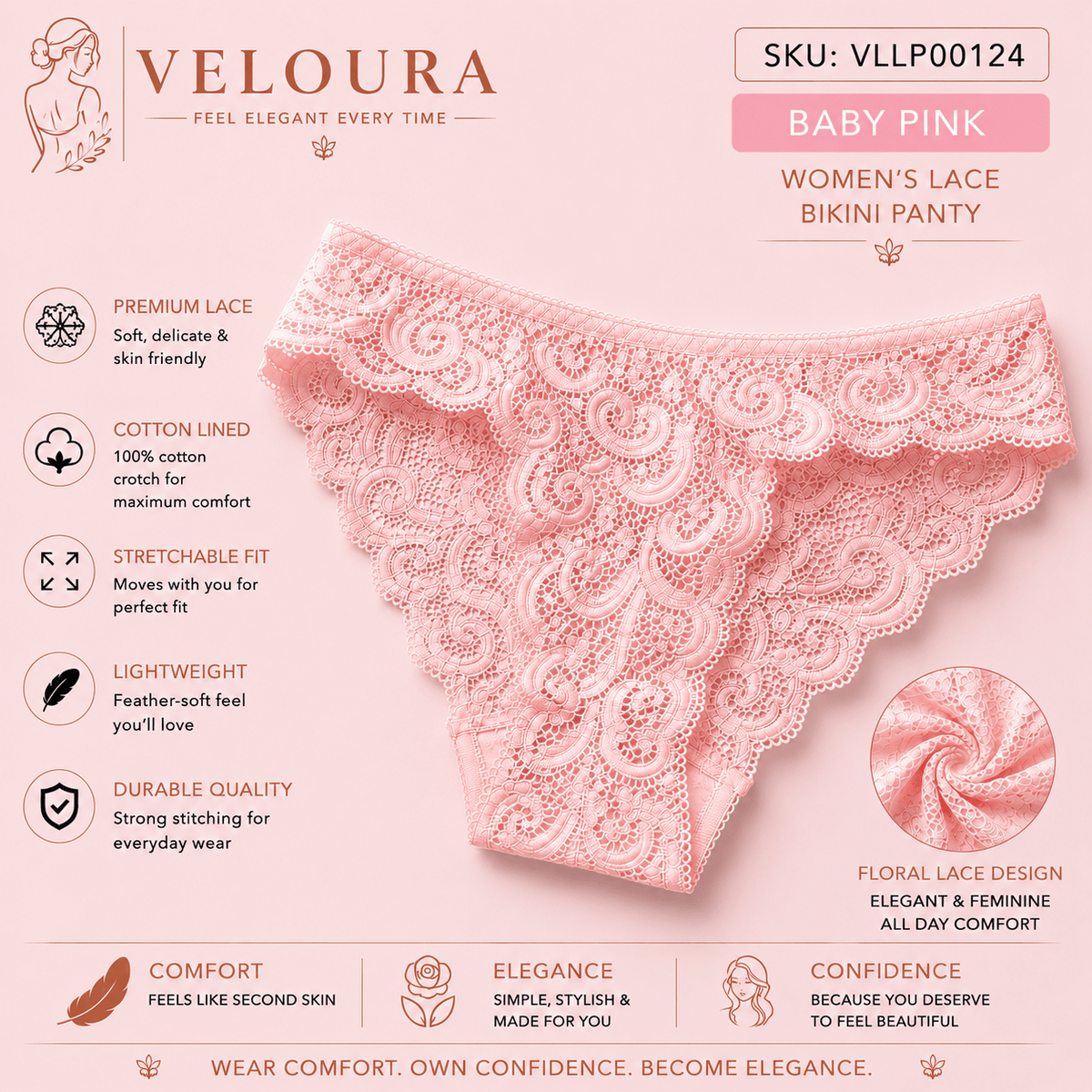 VELOURA Women's Floral Lace Bikini Panty | Soft Stretch Brief | Cotton Lined | Lightweight & Breathable Underwear - VELOURA