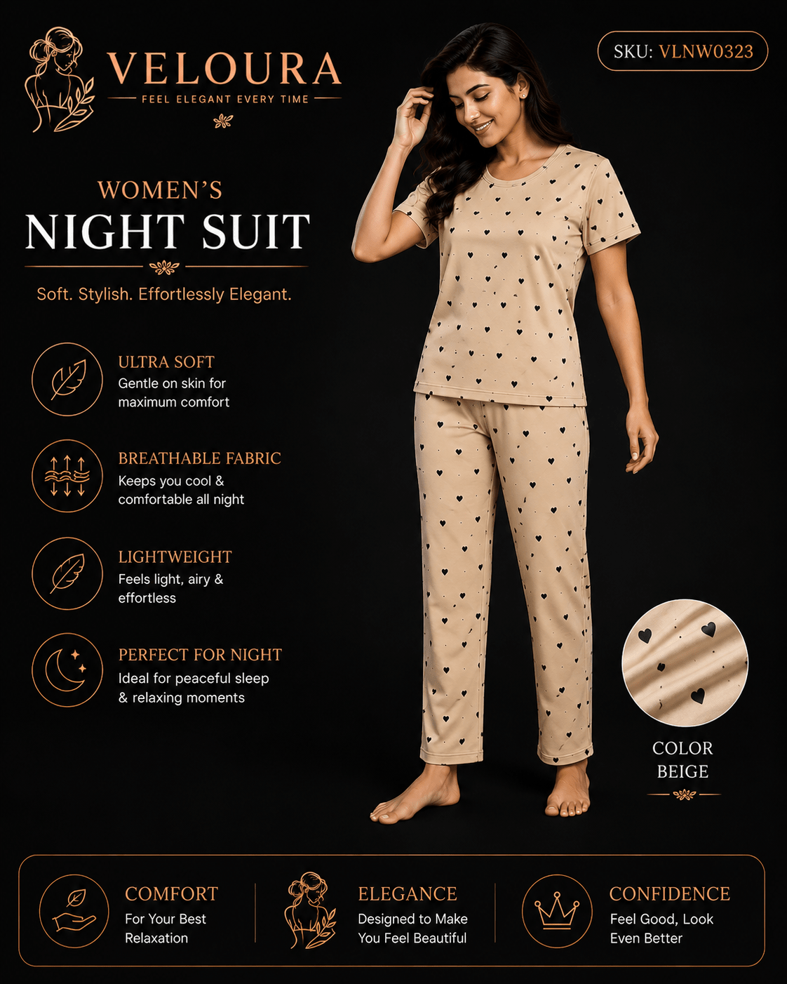 Veloura Women's Heart Print Night Suit – Beige | Ultra Soft Breathable Pajama Set for Sleep & Lounge Wear - VELOURA