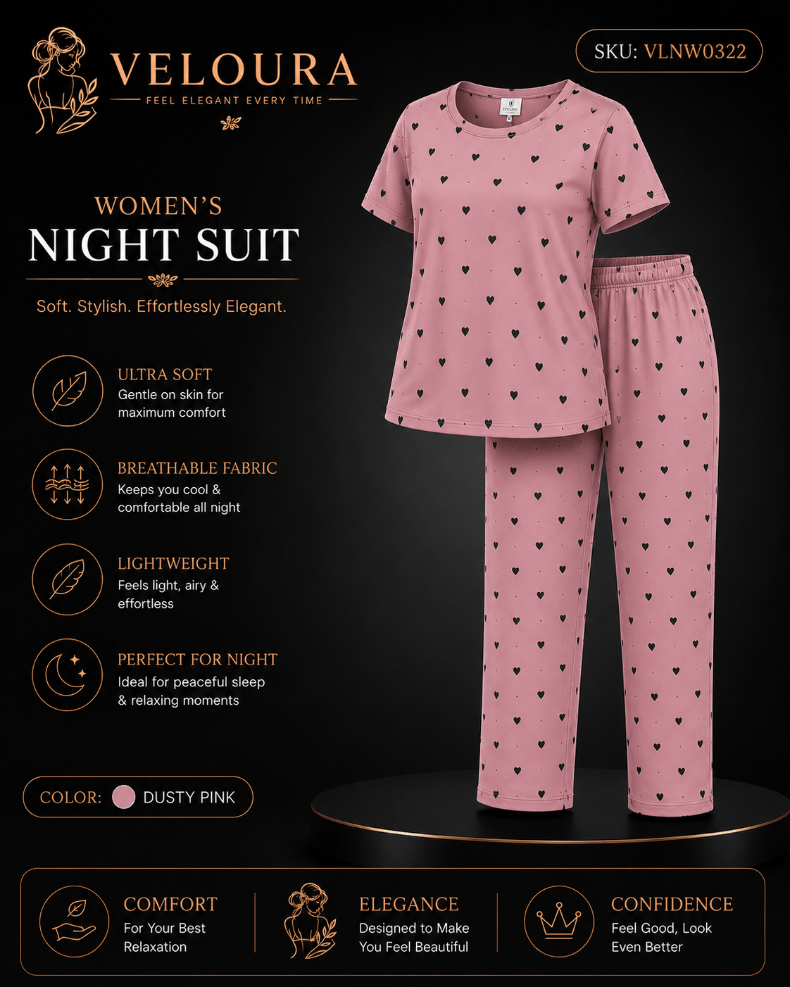 Veloura Women's Heart Print Night Suit – Dusty Pink | Ultra Soft Breathable Pajama Set for Sleep & Lounge Wear - VELOURA