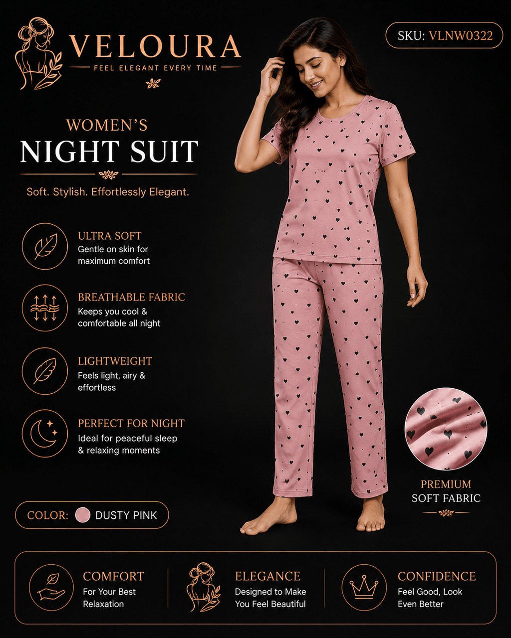 Veloura Women's Heart Print Night Suit – Dusty Pink | Ultra Soft Breathable Pajama Set for Sleep & Lounge Wear - VELOURA