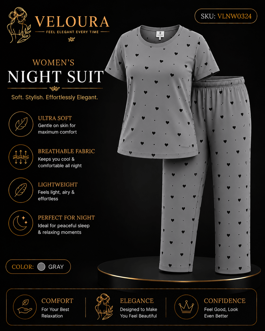 Veloura Women's Heart Print Night Suit – Gray | Ultra Soft Breathable Pajama Set for Sleep & Lounge Wear - VELOURA
