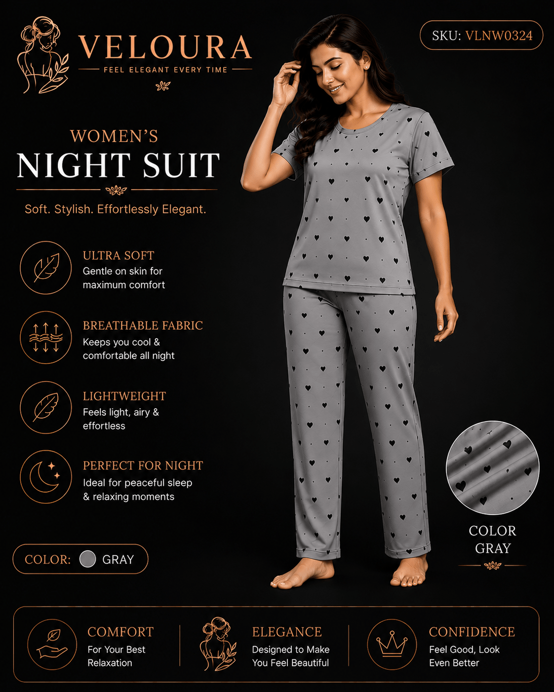 Veloura Women's Heart Print Night Suit – Gray | Ultra Soft Breathable Pajama Set for Sleep & Lounge Wear - VELOURA