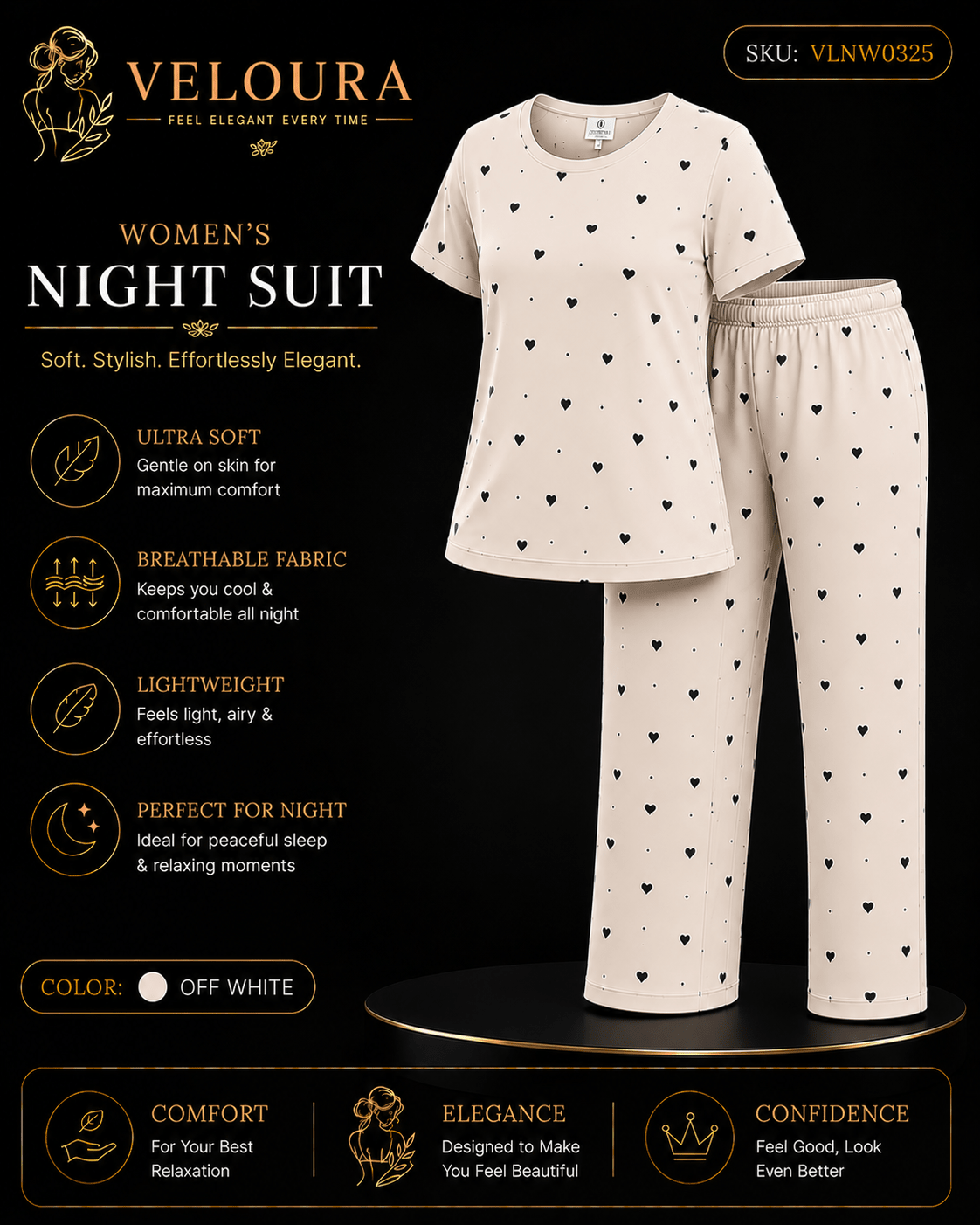 Veloura Women's Heart Print Night Suit – Off White | Ultra Soft Breathable Pajama Set for Sleep & Lounge Wear - VELOURA
